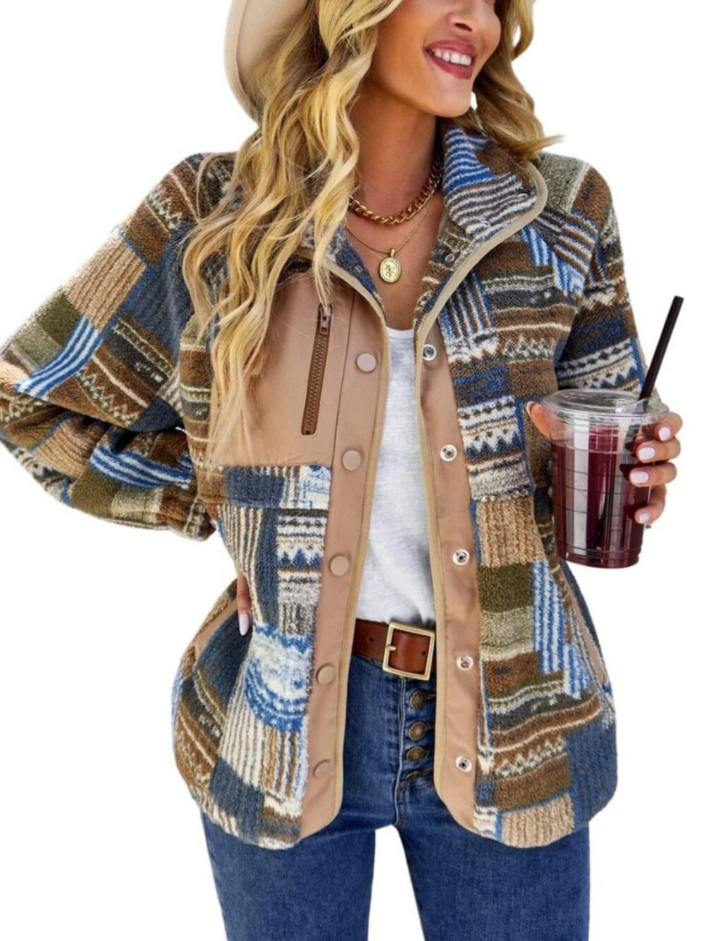Women's Fall Warm Fleece Aztec Tribal Print Fuzzy Button Down Jacket Lightweight